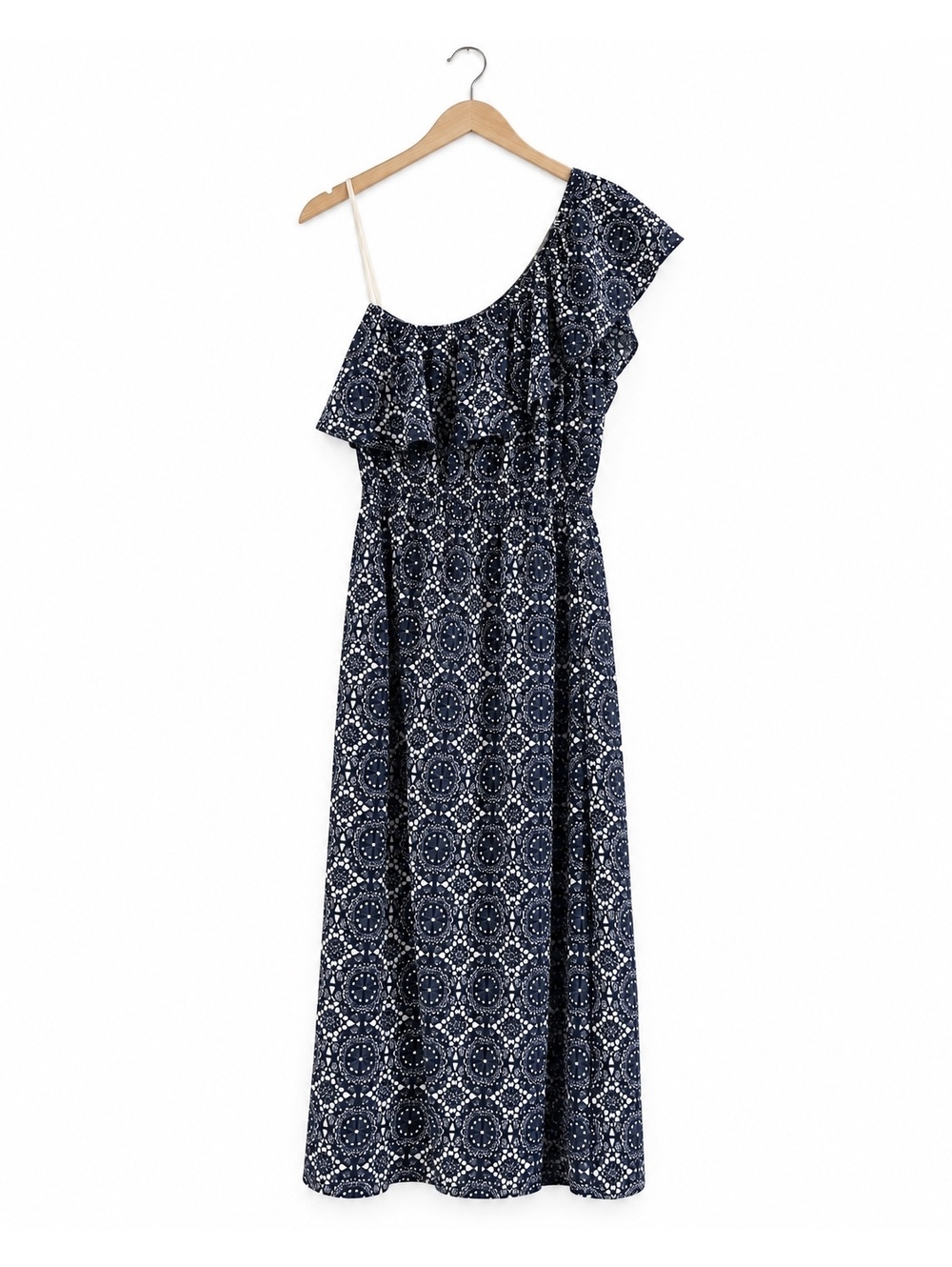 Allison Joy Eva One Shoulder Midi Dress Navy Size L NWT